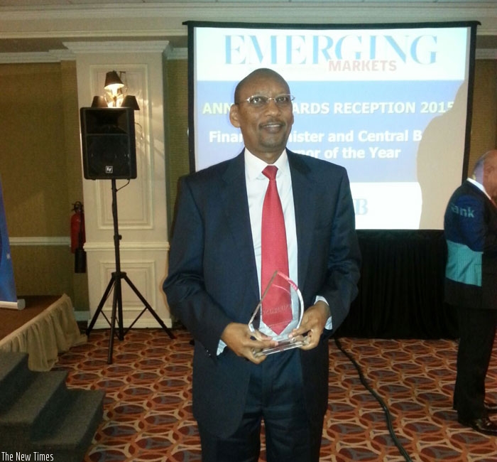Central Bank Governor John Rwangombwa with the award. (Courtesy)