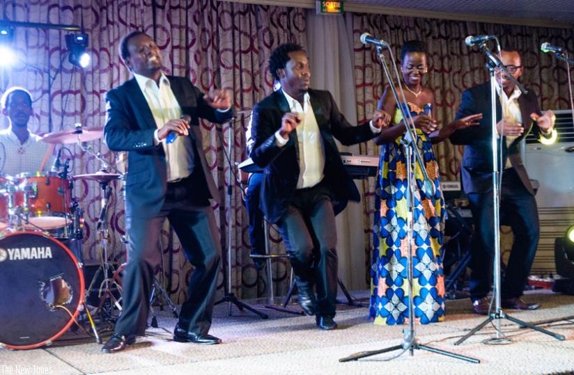 L-R: Musicians Pascal Niyonzima, Claude Mpozenzi, Lydia Niyonsaba and Omer Nzoyisaba dance during the event on Saturday.