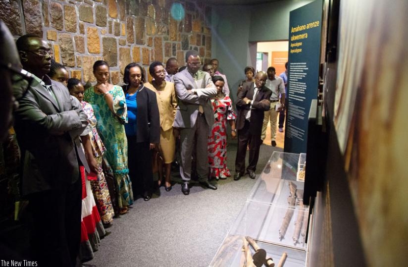 Senators during a visit of Kigali Genocide Memorial Centre look at some of the weapons that were used during the 1994 Genocide against the Tutsi. (File)