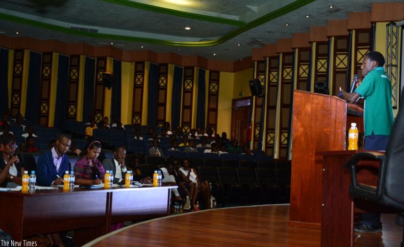 A student debates during the competition in Kigali. (Julius Bizimungu)