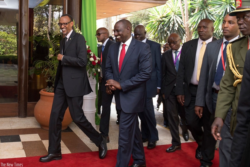 President Paul Kagame being received by Kenya's Deputy President William Ruto for the 11th Northern Corridor Integration Projects (NCIP) Summit in Nairobi yesterday. The Democratic Republic of Congo announced that it would be joining the Northern Corridor Integration Projects as a full member during the next Summit. (Village Urugwiro)