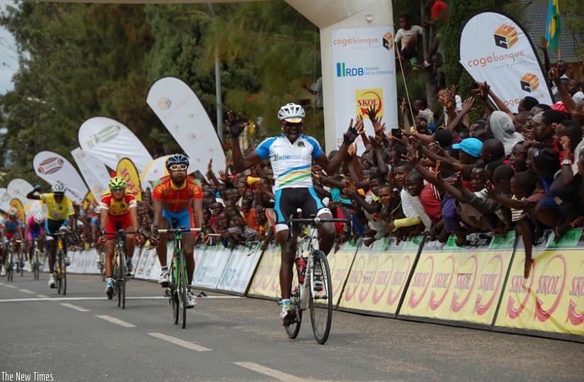 Biziyaremye, celebrates after winning stage 5 in last year's Tour du Rwanda. He came  in 11th position in stage 1 of Grand Prix International Chantal Biya. (File)