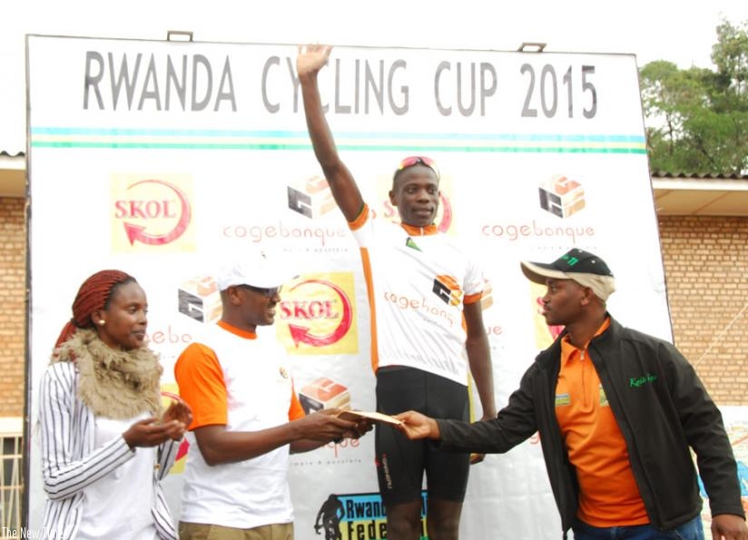 Jean Bosco Nsengimana at the podium after winning Stage 9 of the preparations yesterday. (Peter Kamasa)