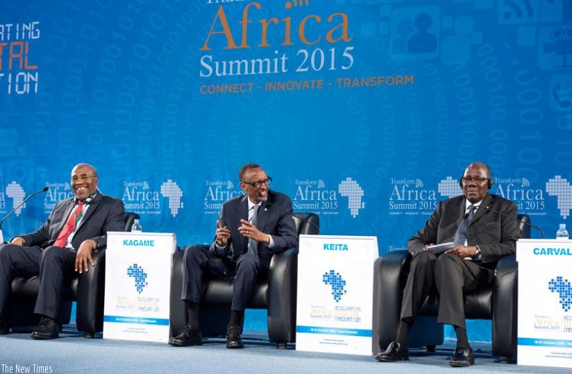 President Kagame addresses Transform Africa Summit alongside Uganda's premier Ruhakana Rugunda (L) and his Malian counterpart Modibo Keita yesterday. (Village Urugwiro)