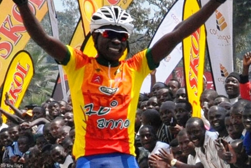 Jean Bosco Nsengimana celebrates as he crosses the finish line on the way to winning the Northern Circuit race. (File)
