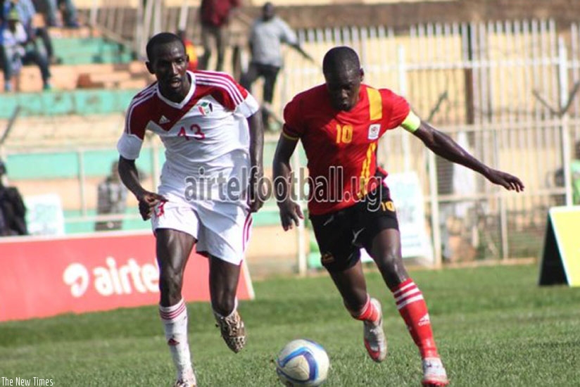 Uganda Cranes team captain, Faruku Miya (R) scored in the 2-0 win over Sudan on Sunday. (Net photo)