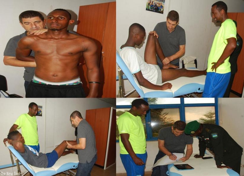 Dr. Hefti examines the injured players, while bottom-right, he talks to Rutamu and Lt. Twagirayezu on Tuesday. (Courtesy)
