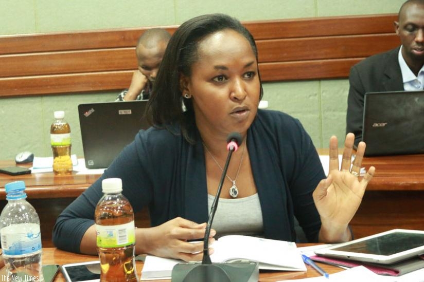 Mbabazi, the permanent secretary at MYICT, addresses the meeting yesterday. (Frederic Byumvuhore)