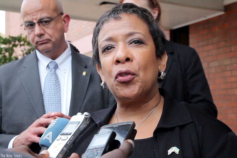 Justice Lynch addresses journalists in Kigali yesterday. (Faustin Niyigena)