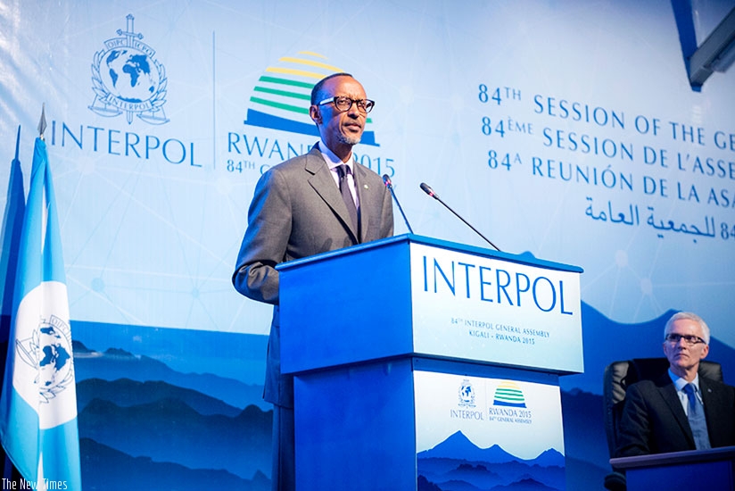 President Kagame addresses global law enforcement and other leaders at the opening of the 84th Interpol General Assembly in Kigali yesterday. (Courtesy)
