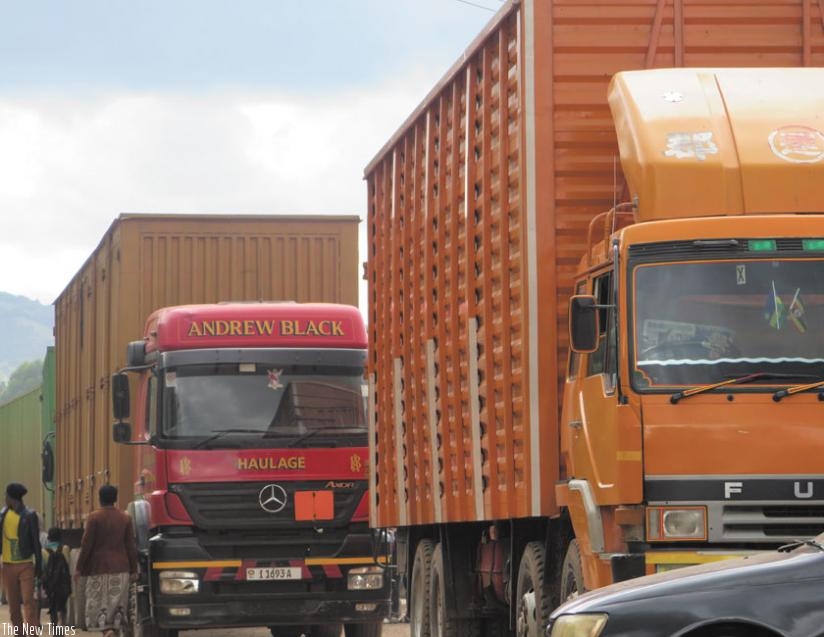 Cargo trucks on the Uganda-Rwanda border at Gatuna.  COMESA insurance scheme has helped transporters to cut costs besides improving cross-border transport services. (Stephen Nuwagira)