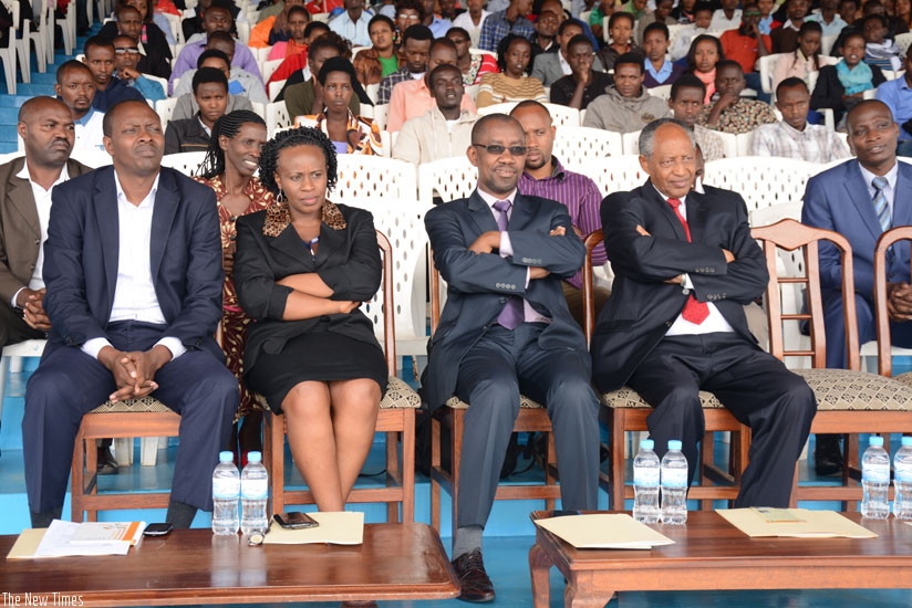 Front row (L-R): Emmy Mbera: Dorocella Mukashyaka, deputy commissioner for taxpayer services at RRA; Pascal Ruganintwali, Deputy Commissioner General and Commissioner for Corporate services at RRA and Prof.  Rwigamba Balinda, the founder and president of Independent University of Kigali at the event. (John Mbaraga)