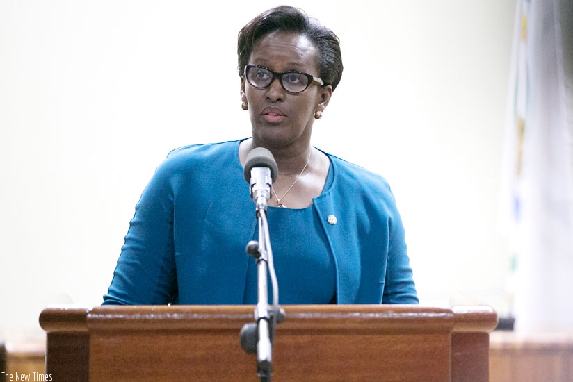 First Lady Jeannette Kagame gives her opening remarks at the 8th Annual Forum of the Unity Club at Parliamentary Buildings in Kimihurura yesterday. (Courtesy photos)