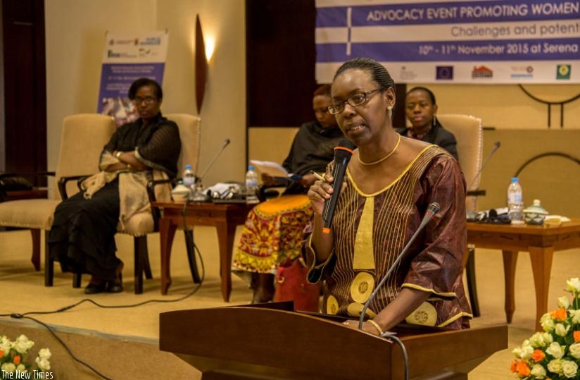 Umulisa addresses the women entrepreneurs during the advocacy event promoting women and economy in Kigali yesterday. (Doreen Umutesi)