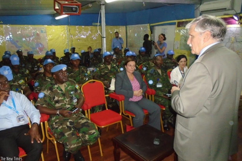 Canadian retired Lt Gen Romeo Dallaire addresses Rwanda peacekeepers (Rwanbatt-6) at Juba Tomping Camp, in South Sudan, on Wednesday. (Courtesy)