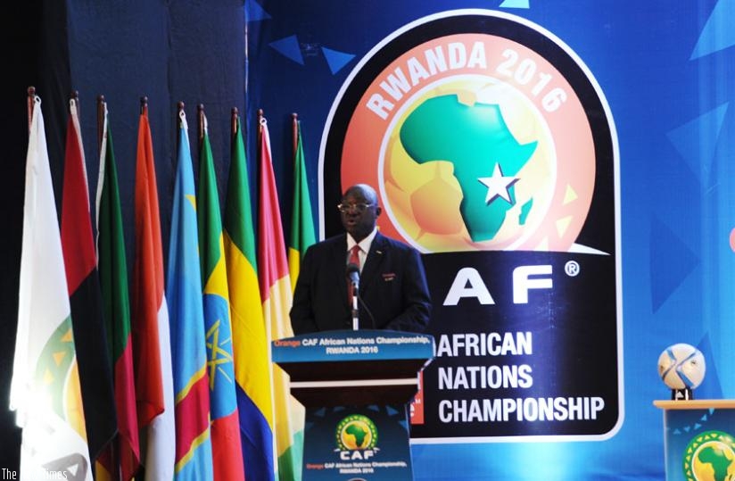CAF vice president Almamy Kabele Camara gives a speech before the CHAN 2016 draws last evening at Kigali Serena Hotel. (Peter Kamasa)