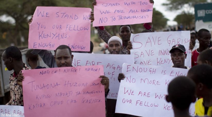 Kenyan Muslims demonstrate against the terrorist attack in Garissa, Kenya in April. (Net photo)