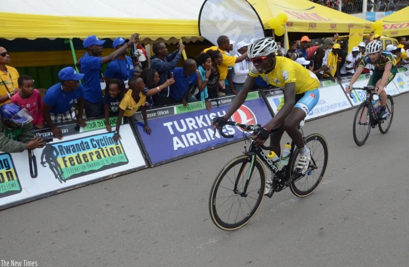 Jean Bosco Nsengimana ended stage 5 in second place to retain the race leader's yellow jersey. (S. Ngendahimana)