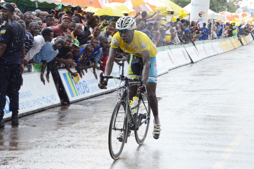 Nsengimana crosses the finish line in fourth place in stage seven on Sunday, which was enough to seal him the 2015 Tour du Rwanda title. (Sam Ngendahimana)