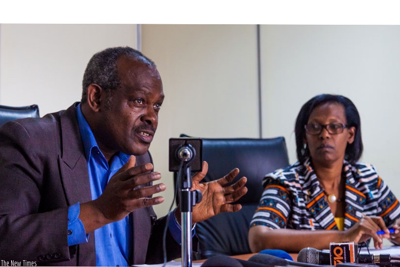 Habiyakare speaks during the news conference as Commissioner Rebecca Ruzibuka Ruhimingunge looks on yesterday. (All photos by Faustin Niyigena)