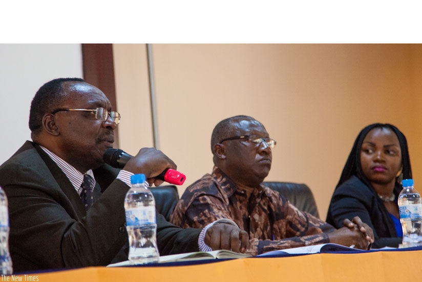 Kanimba addresses leather products stakeholders as Mugemangango and the first vice president of RAPROLEP, Germaine Mukashyaka, look on in Kigali yesterday. (All photos by Faustin Niyigena)