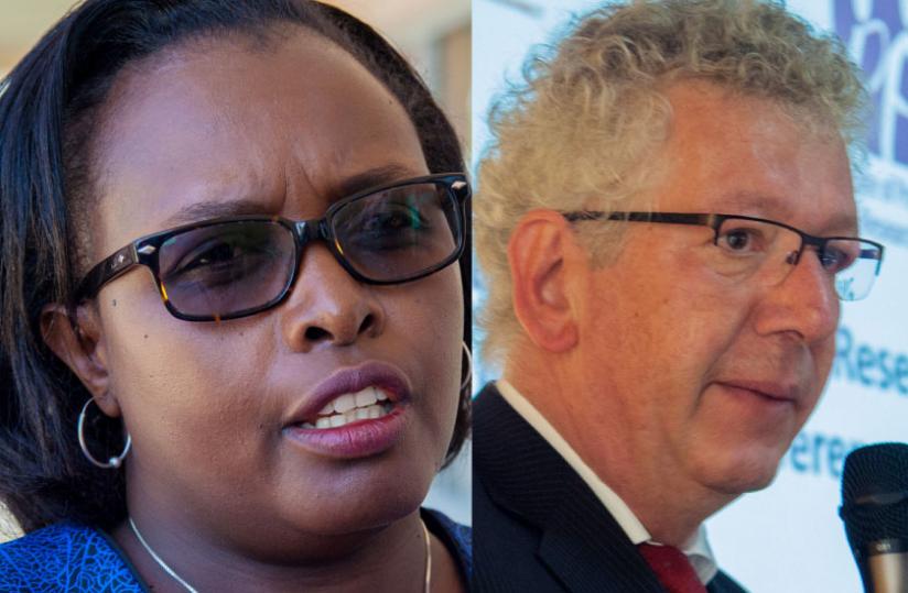 The Executive Director of Institute of Policy and Research, Eugenia Kayitesi (L), addresses the media after the opening of the second Economic Policy Research Network Conference in Kigali yesterday. Right, German Development Agency country director Bodo Immink addresses reseachers at the conference. (Faustin Niyigena)