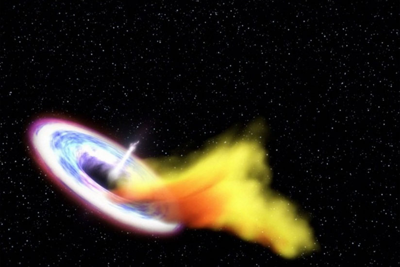 An illustration shows a star torn up by a black hole's strong gravity. The black hole is launching a powerful jet of matter into space. (NASA/Goddard Space Flight Center/Swift)