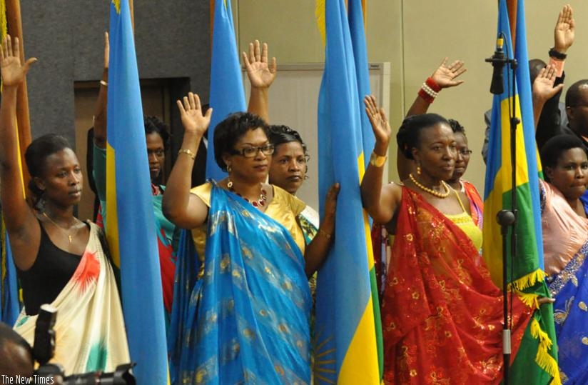 Women parliamentarians swearing. Women make up 64% of parliament  in Rwanda. (File)