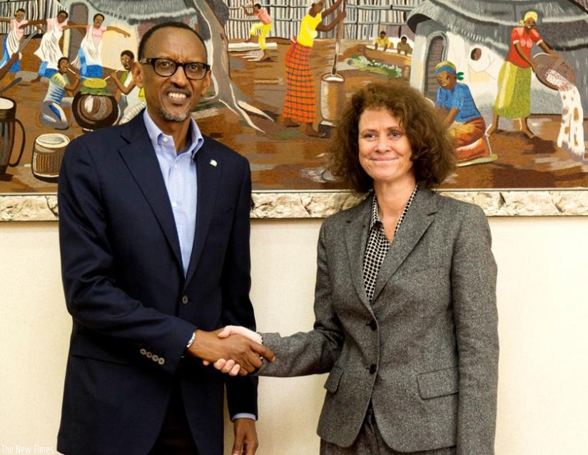 President Kagame bids farewell to outgoing World Bank country director Carolyn Turk at Village Urugwiro in Kigali yesterday. (Village Urugwiro)