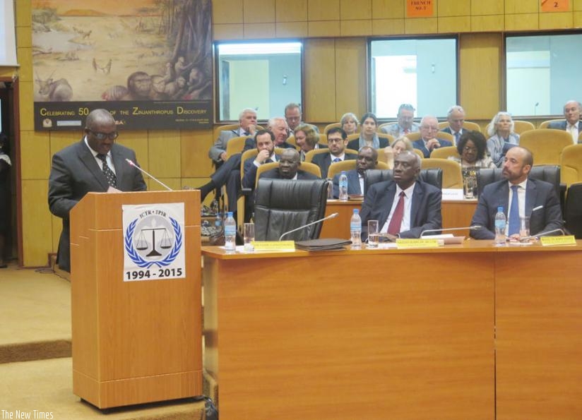 Prof. Dusingizemungu delivers his remarks at the ICTR in Arusha yesterday. (Courtesy)
