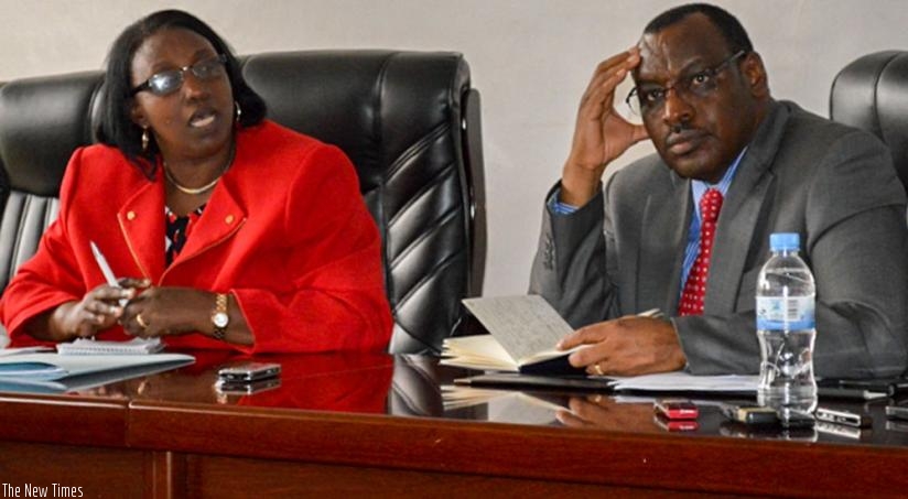 Alphonsine Mukarugema, the deputy chairperson of the standing Committee on Social Affairs, speaks  as Minister Gatete looks on during the committee session at Parliament yesterday. (Courtesy)