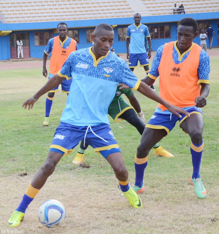 Mugiraneza, left, seen here during a training session, scored Amavubiu2019s equaliser against Sudan. (S. Ngendahimana)