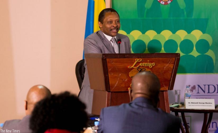 Prof. Shyaka addresses participants at the Continental Youth Consultation in Kigali yesterday. (Timothy Kisambira)