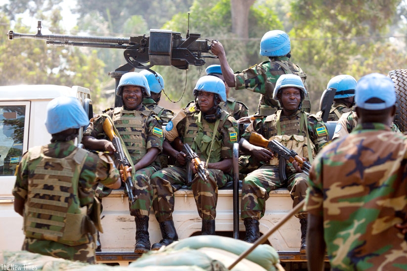 Rwanda Defence Forces peacekeepers on patrol in Bangui, Central African Republic, in January. (Timothy Kisambira)