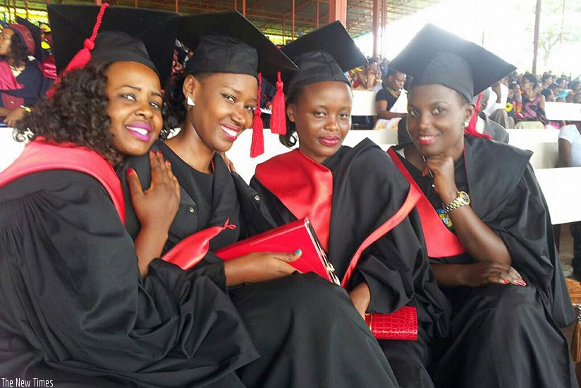 Some of the female graduates at yesterdayu2019s ULK graduation share light moment.  (Eddie Nsabimana)