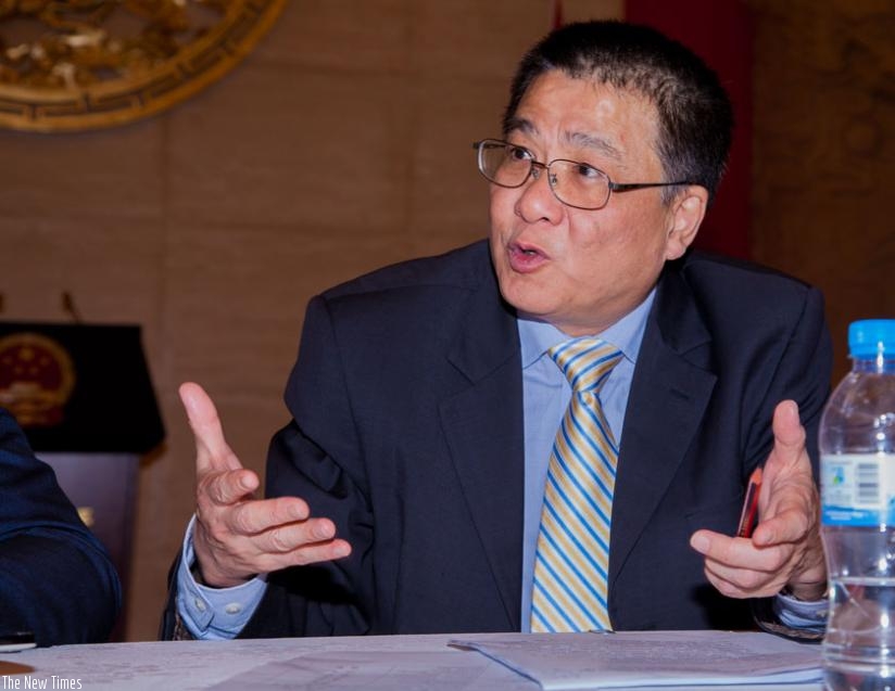 Pan Hejun, China Ambassador to Rwanda speaks to the media at the embassy in Kigali yesterday. (Faustin Niyigena)