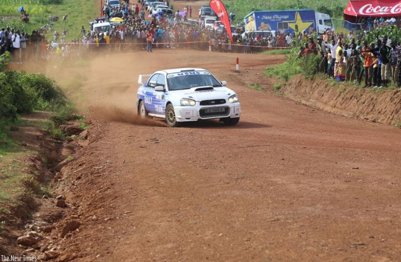 Jean Claude Gakwaya and Claude Mugabo navigate a corner during the rally over the weekend, Gakwaya dropped out on the last day after getting involved in an accident. (Courtesy)