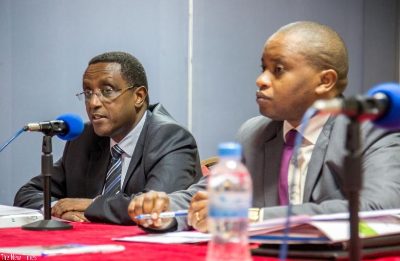 Minister Biruta (L) speaks at the meeting as  Rwamukwaya looks on in Kigali ,yesterday. (Doreen Umutesi)
