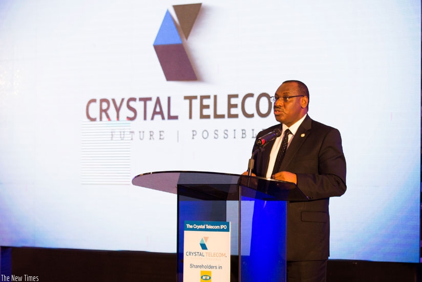 Finance Minister Amb Claver Gatete speaks at the launch of Crystal Telecom IPO in June. (File)