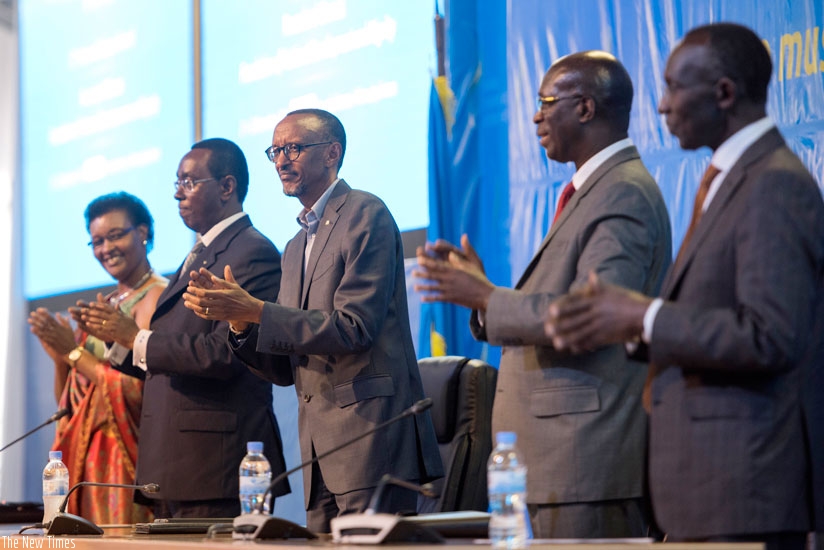 President Kagame (C) along with, left-right, Speaker Donatille Mukabalisa, Senate president Bernard Makuza, Prime Minister Anastase Murekezi and Chief Justice Sam Rugege at the closure of the thirteenth Umushyikirano at  Camp Kigali yesterday. (All photos by Village Urugwiro)