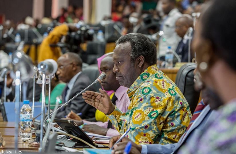 MP Juvenal Nkusi speaks during the debate to amend article 101 of the constitution at Parliament. (File)