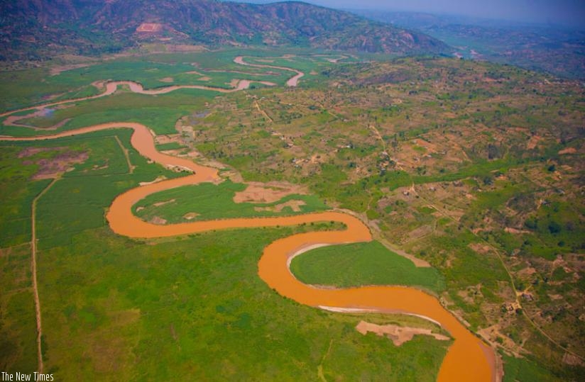 An aerial view of River Nyabarongo, with the water looking muddy brown due to pollution. (Timothy Kisambira)