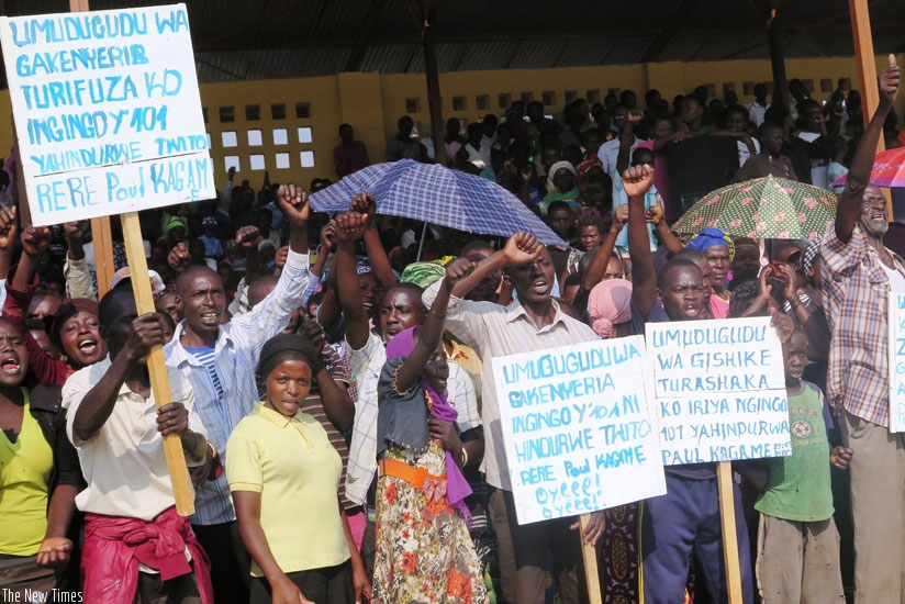 Residents of Busasamana Sector participating in constitution amendment debates at Nyanza Stadium recently. (Emmanuel Ntirenganya)