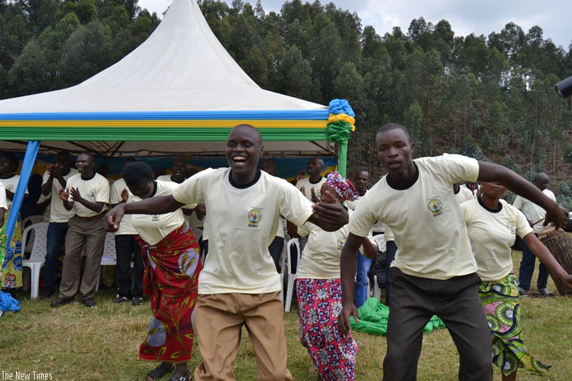 Some of the Ex combatants chant during a past discharge ceremony in Musanze district on August 18. (File)