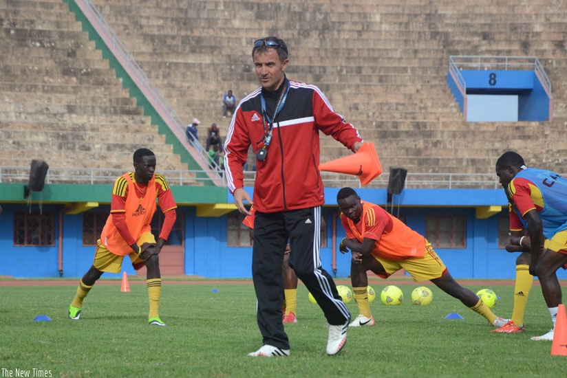 Former Amavubi coach Micho takes Uganda Cranes players through drills as they prepare for CHAN 2016 in Rwanda. (File)