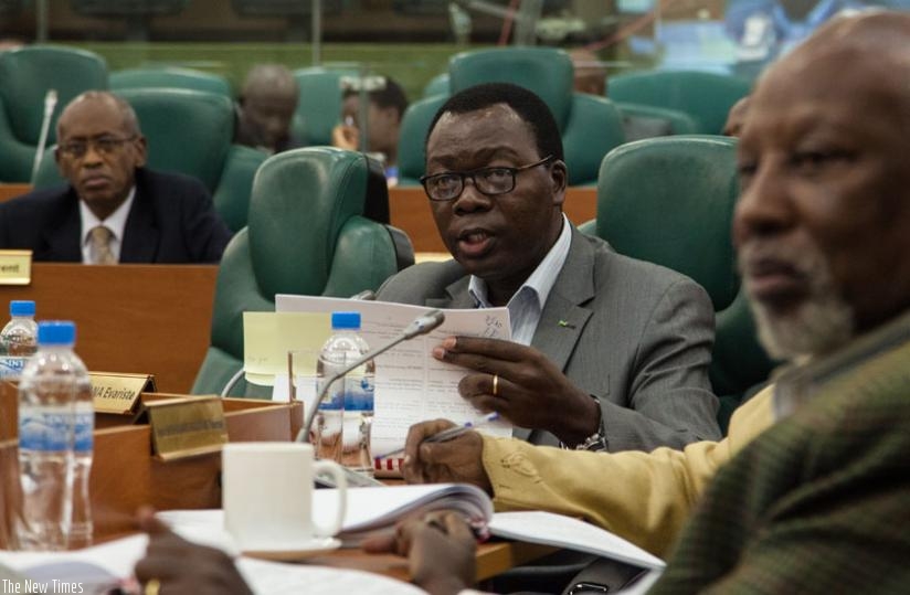 Senate Evariste Bizimana speaks during a Constitution review session at the Senate Hall last year. (Faustin Niyigena)