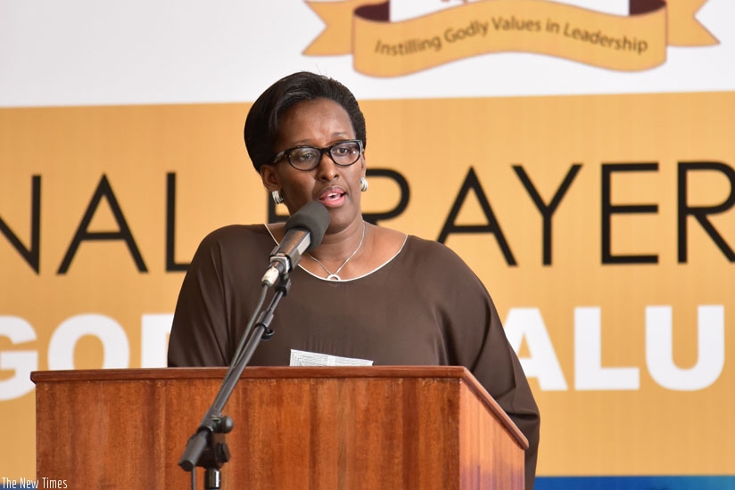 First Lady, Jeannette Kagame, gives a keynote address to youth during the Young Leaders Conference at Golden Tulip Hotel in Nyamata yesterday. Mrs Kagame called on youth leaders to cultivate positive values, which will lead Rwanda through future challenges. (Courtesy)