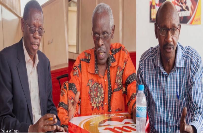 Some of the retirees in question, L-R, Claver Kayigi, Innocent Rwakazina and Appolinaire Muvunanyambo during a meeting last year. (File)