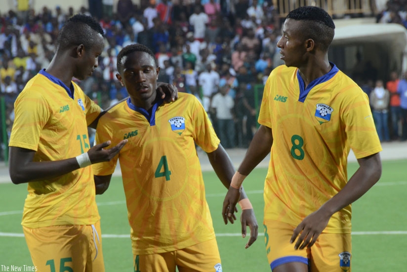 L-R: Central defender Faustin Usengimana, midfielder Djihad Bizimana and assistant skipper and former U17 and U20 skipper Emery Bayisenge who played under Richard Tardy during his three year. (Sam Ngendahimana)
