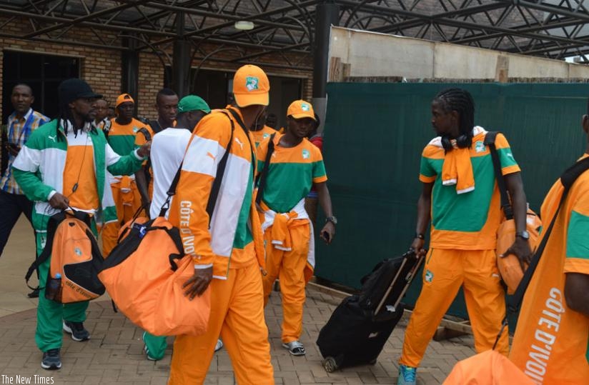 Ivory Coast players on arrival at Kigali International Airport yesterday. Les Elephants are in Group A along with Rwanda, Gabon and Morocco. (D. Sikubwabo)